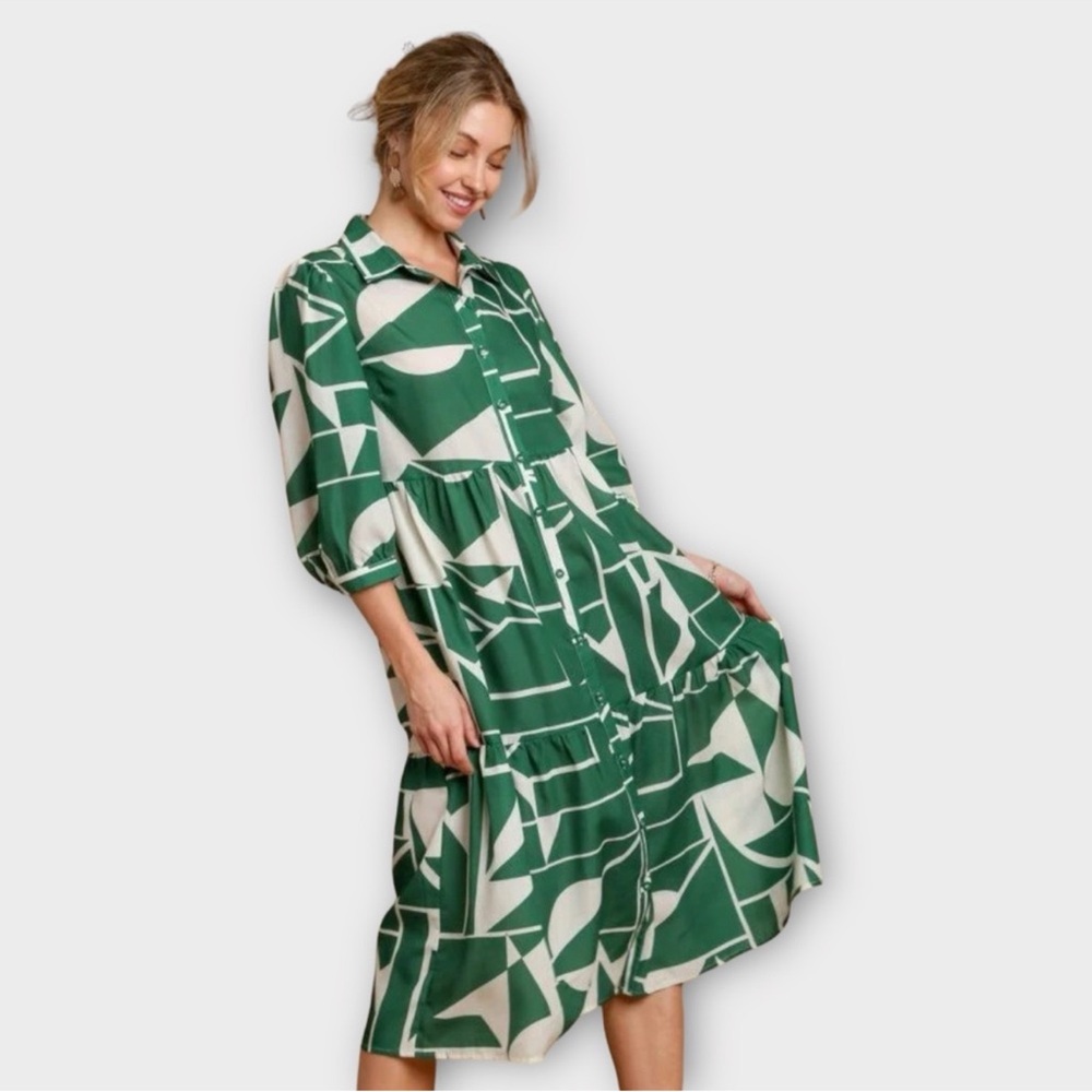 Zara Dress Green Geometric Long Sleeve Maxi Collared Cottage Womens Size S
